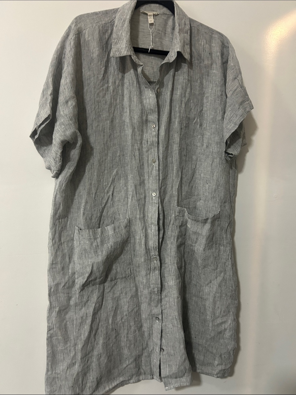 Eileen Fisher Gray Short-Sleeve Linen Button-Front Shirt Dress